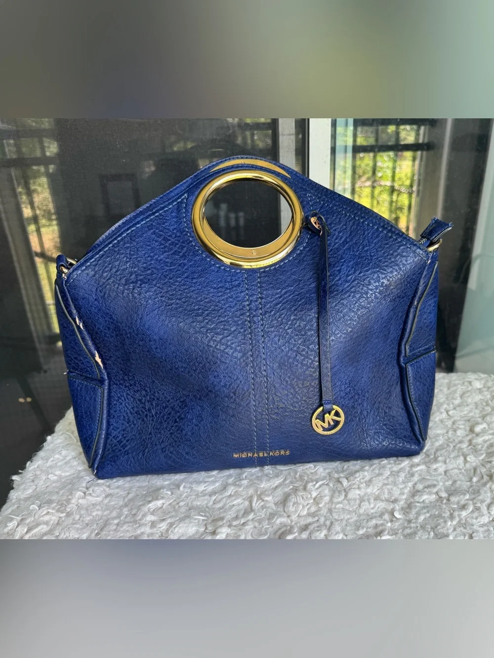 Michael Kors Blue Leather Shoulder Bag with Gold Ring Handles